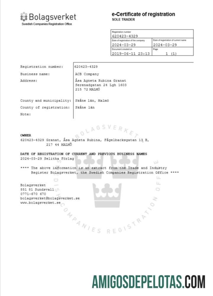 Certificado de registro da Suécia para download, modelo Word e PDF